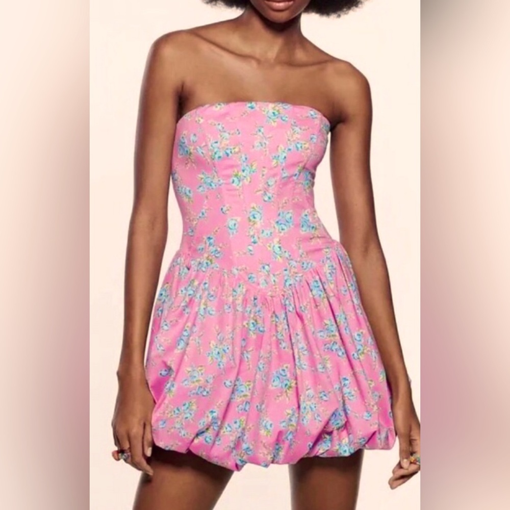 Floral Pink Strapless corset Dress- bubble skirt - short style under